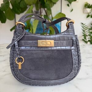 Tory Burch Lee Radziwill Small Croc Embossed Leather & Suede Saddle Bag Gray